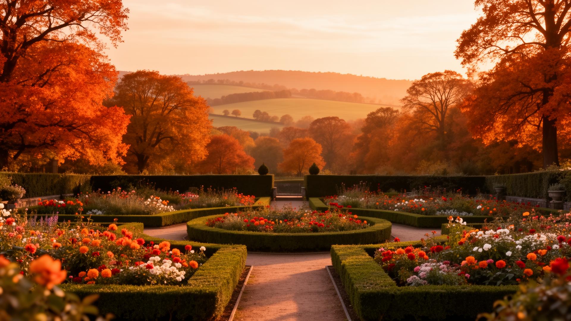 Formal gardens of the Wohnstift Mozart at golden hour