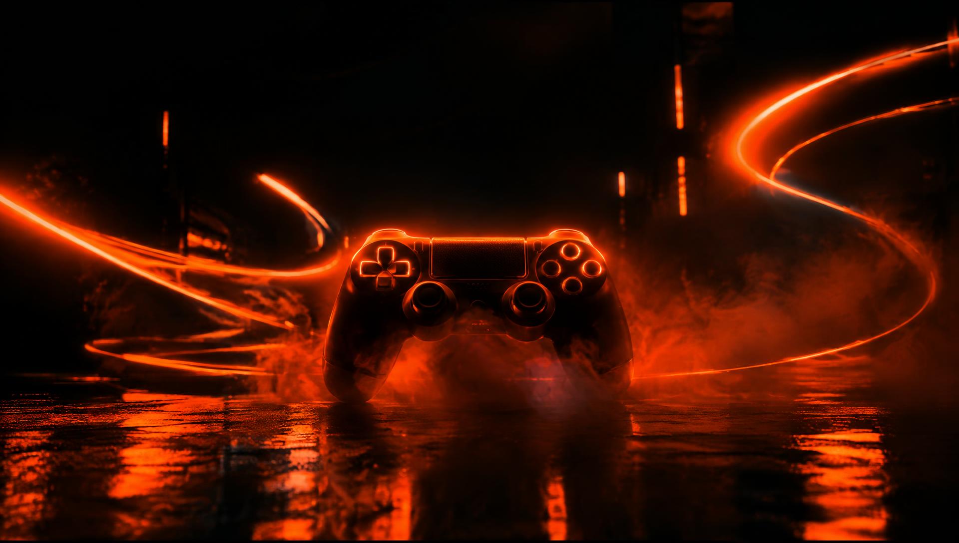 Glowing game controller in orange neon light